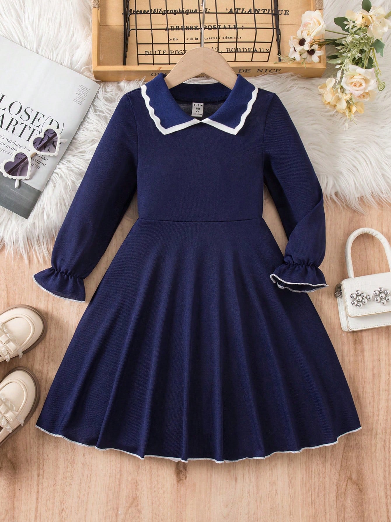 1 pièce Robe à manches longues avec col et patchwork en maille pour filles