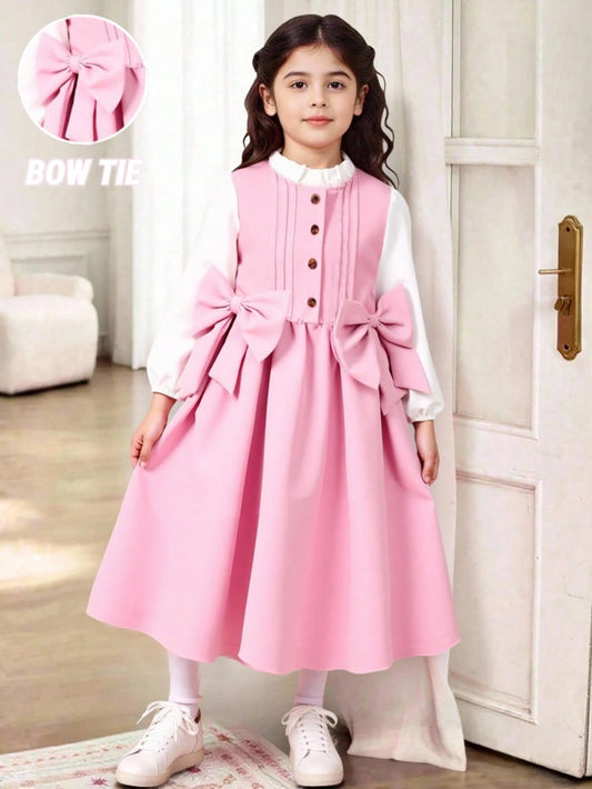 Robe en tissu tressé de style universitaire vintage avec décoration de nœud 3D pour jeunes filles