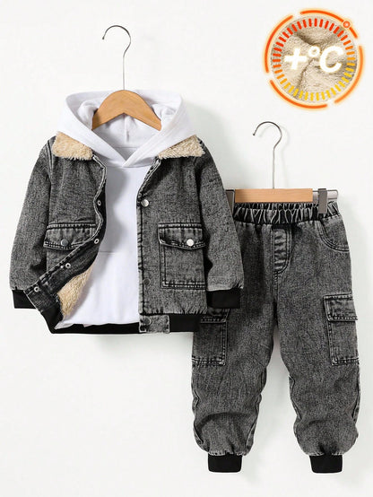 2 pièces Ensemble veste de baseball à col en polaire épaisse délavée et pantalon cargo décontracté pour jeunes garçons
