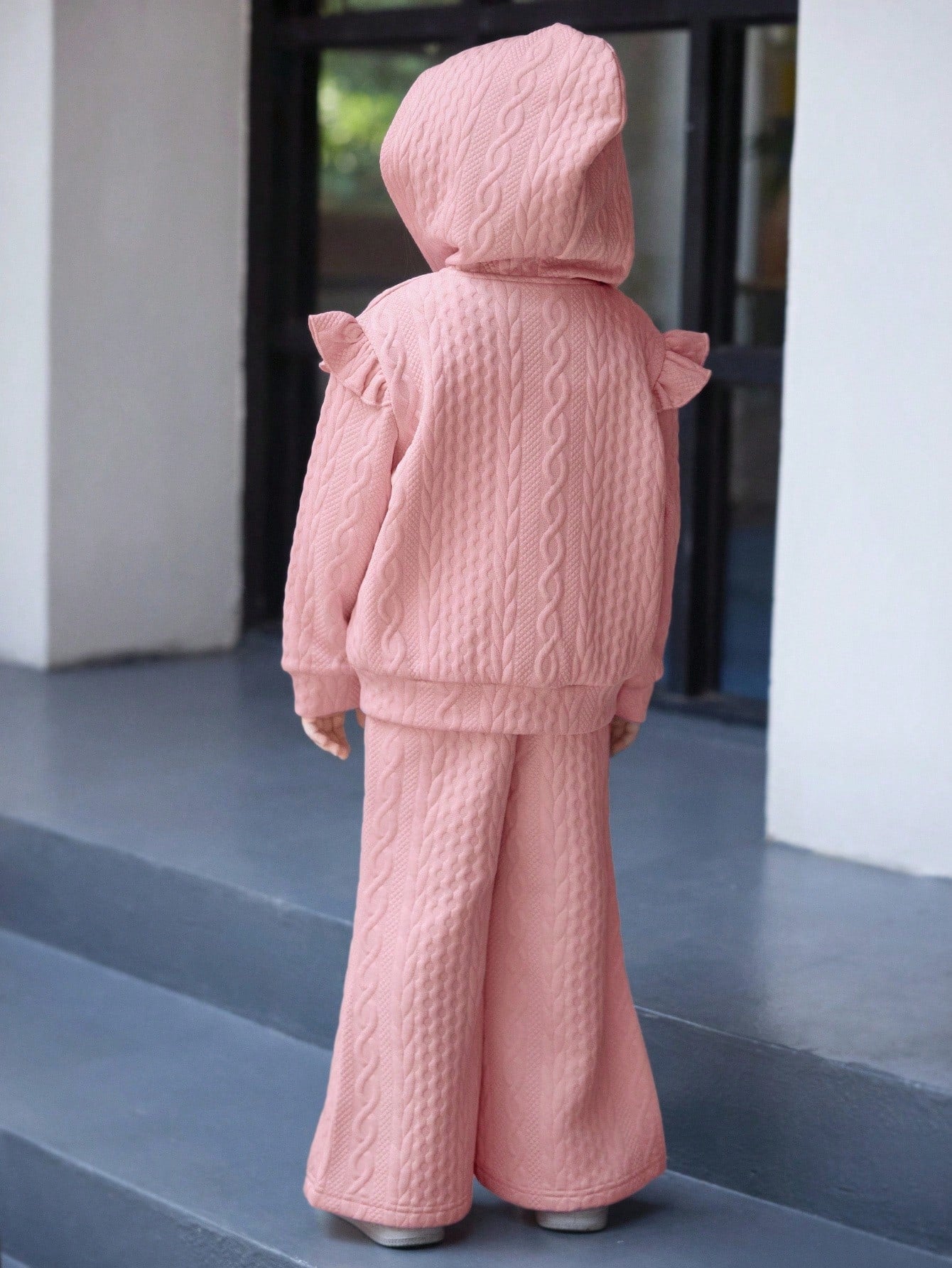 2 pièces/Set Jeunes filles Veste à capuche en tricot texturé avec manches volantées confortable
