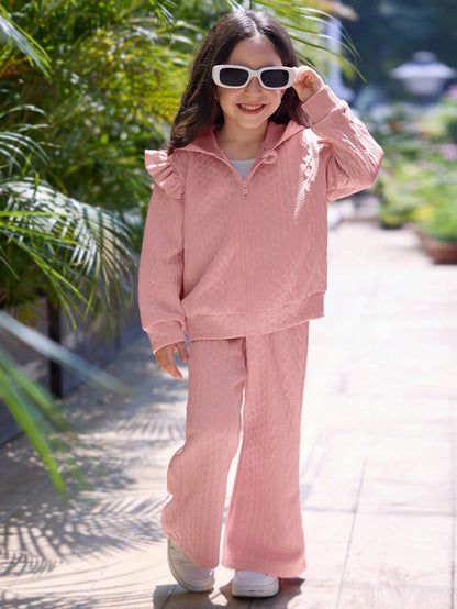 2 pièces/Set Jeunes filles Veste à capuche en tricot texturé avec manches volantées confortable