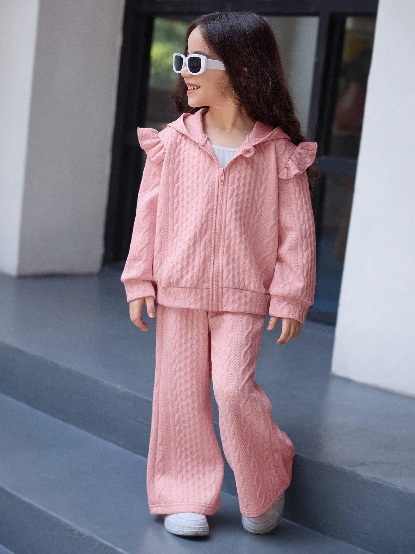 2 pièces/Set Jeunes filles Veste à capuche en tricot texturé avec manches volantées confortable