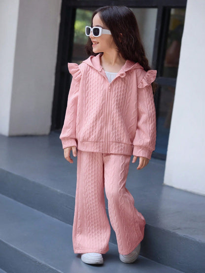 2 pièces/Set Jeunes filles Veste à capuche en tricot texturé avec manches volantées confortable