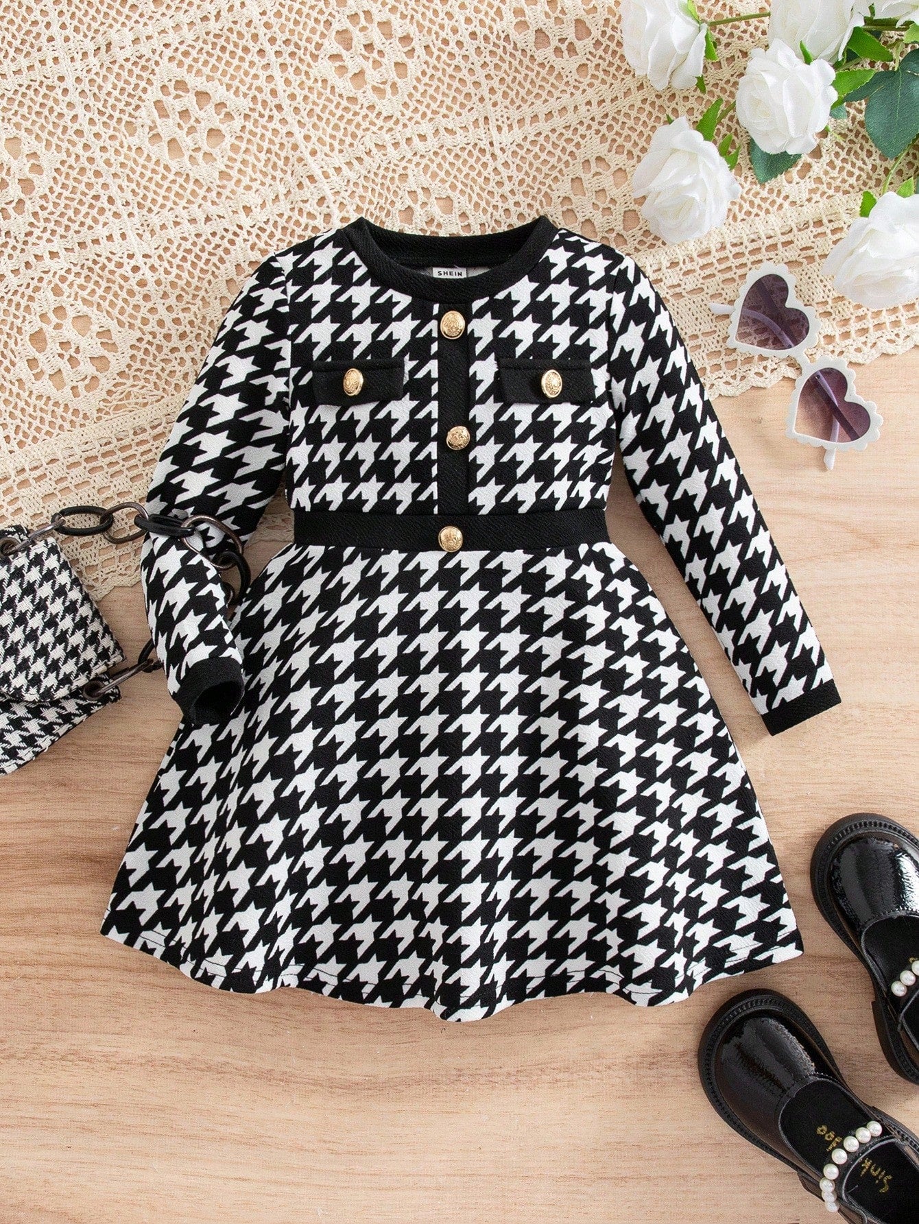 Robe longue à manches longues avec motif pied-de-poule élégant