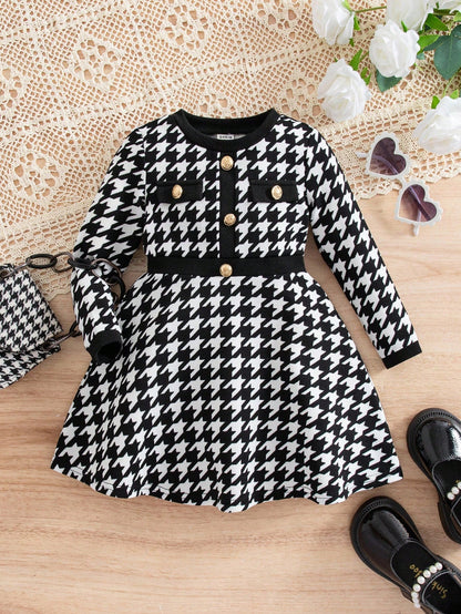 Robe longue à manches longues avec motif pied-de-poule élégant