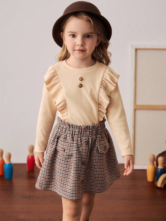 Ensemble t-shirt à col volant et jupe à carreaux, style scolaire pour jeunes filles