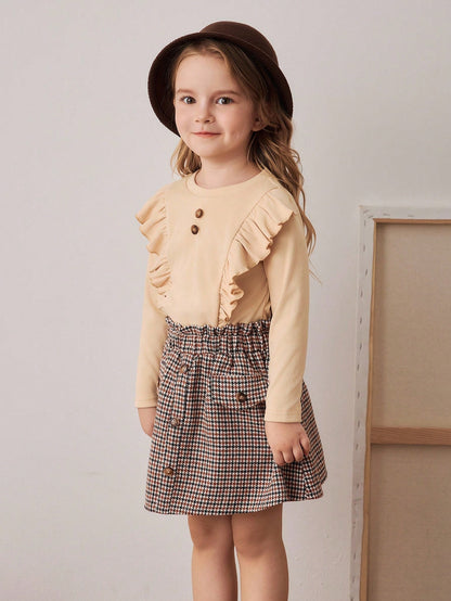 Ensemble t-shirt à col volant et jupe à carreaux, style scolaire pour jeunes filles