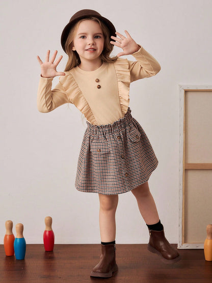 Ensemble t-shirt à col volant et jupe à carreaux, style scolaire pour jeunes filles