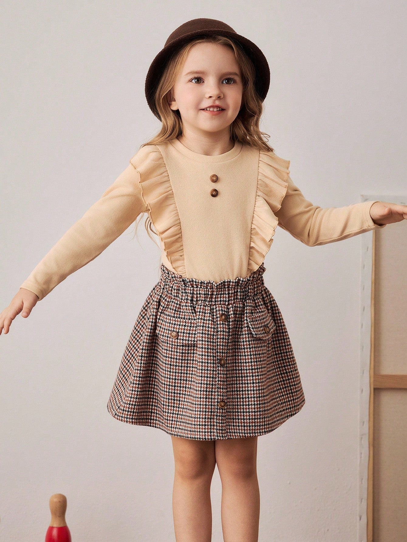 Ensemble t-shirt à col volant et jupe à carreaux, style scolaire pour jeunes filles