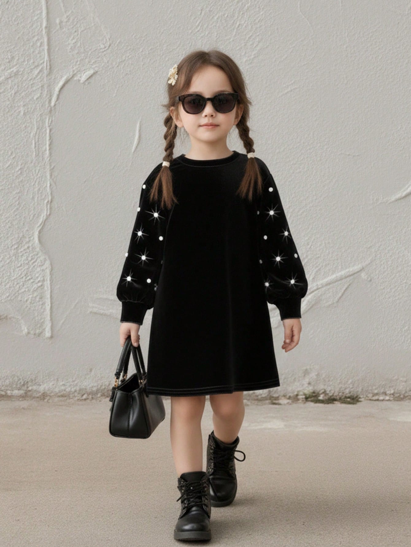 Robe élégante à manches lanternes décorée de perles en velours noir pour jeunes filles