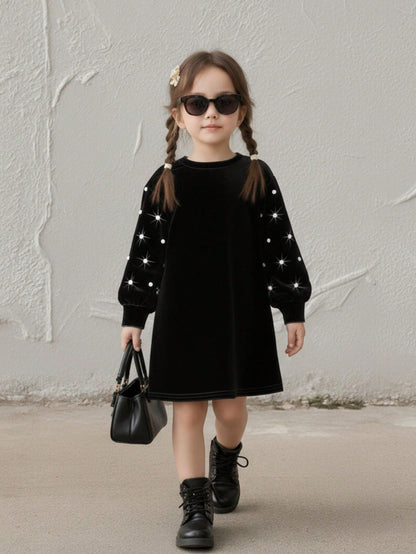 Robe élégante à manches lanternes décorée de perles en velours noir pour jeunes filles