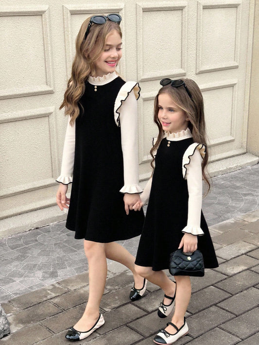 Robe pull à col et volant pour bébé fille, style minimaliste et confortable