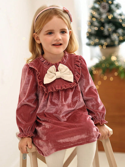 Robe mignonne à manches longues avec volants et décoration de nœud pour bébé fille