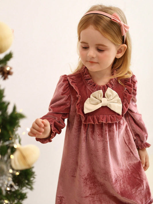 Robe mignonne à manches longues avec volants et décoration de nœud pour bébé fille