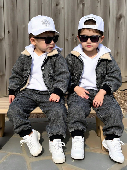 2 pièces Ensemble veste de baseball à col en polaire épaisse délavée et pantalon cargo décontracté pour jeunes garçons