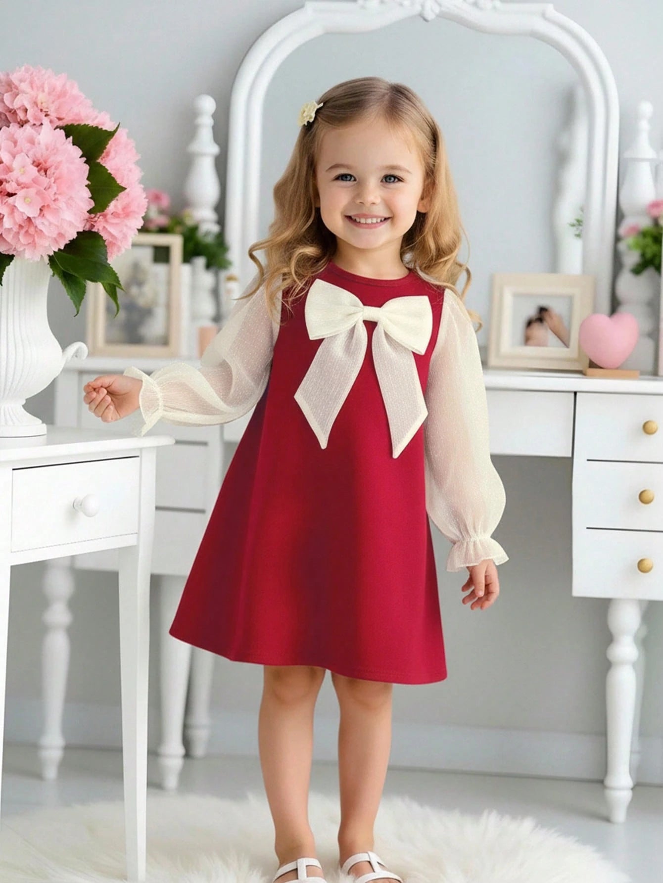 Robe à manches longues en tricot rouge élégante et mignonne pour jeune fille