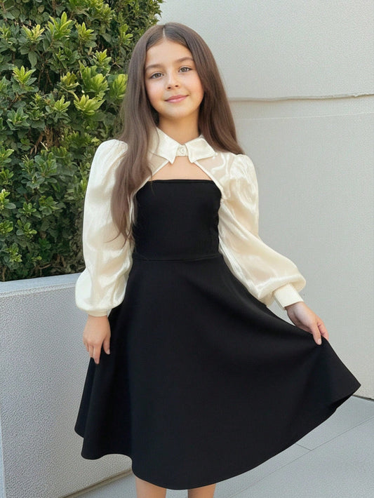 Robe chemise à manches longues 2 en 1 avec découpe élégante bicolore pour fille