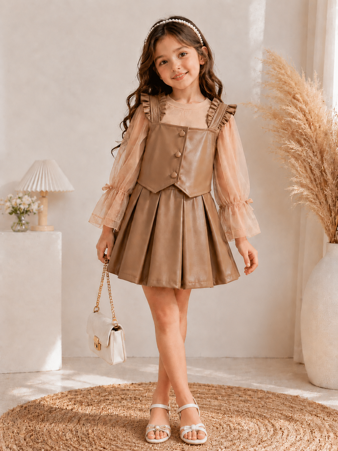 3 pièces/Set Gilet casual, Top à manches longues et jupe pour fillettes